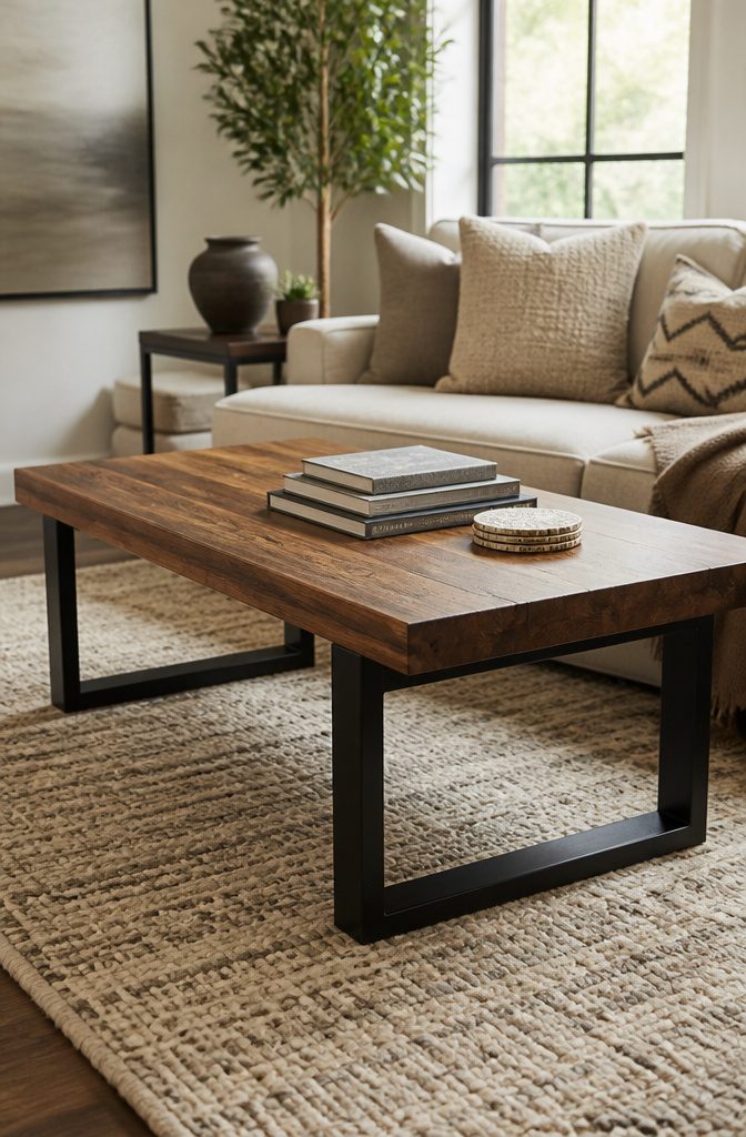 Wood coffee table resting on a metal base.