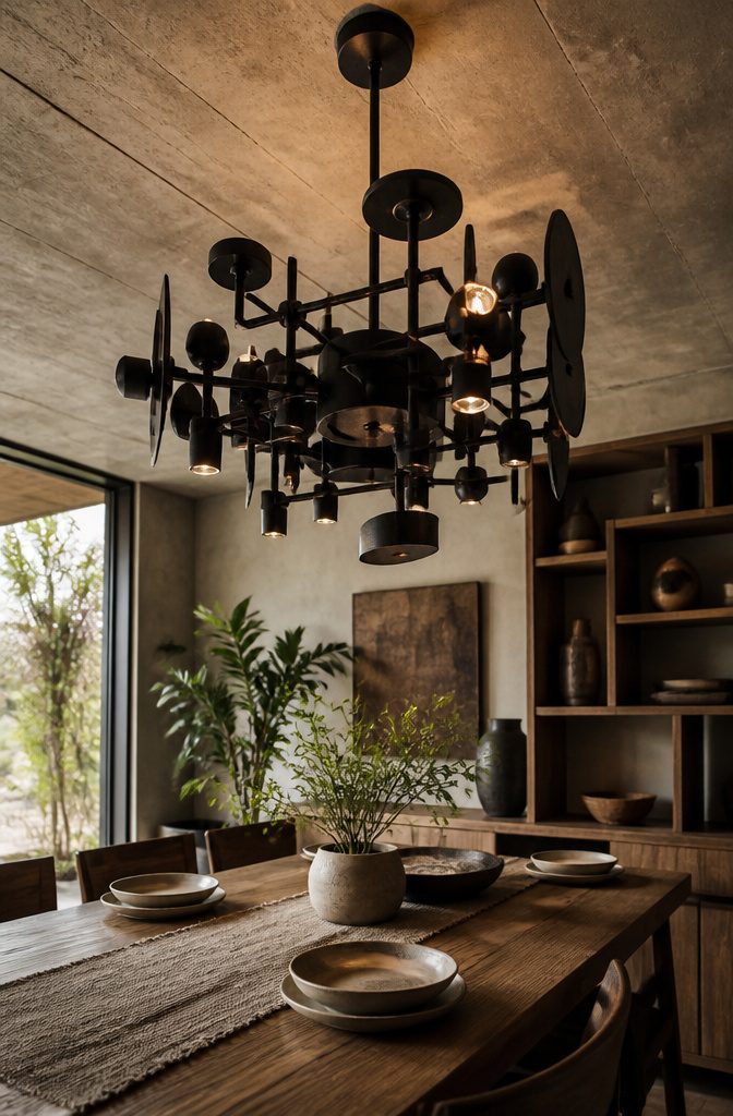 Metal chandelier made from pipes and wire baskets.
