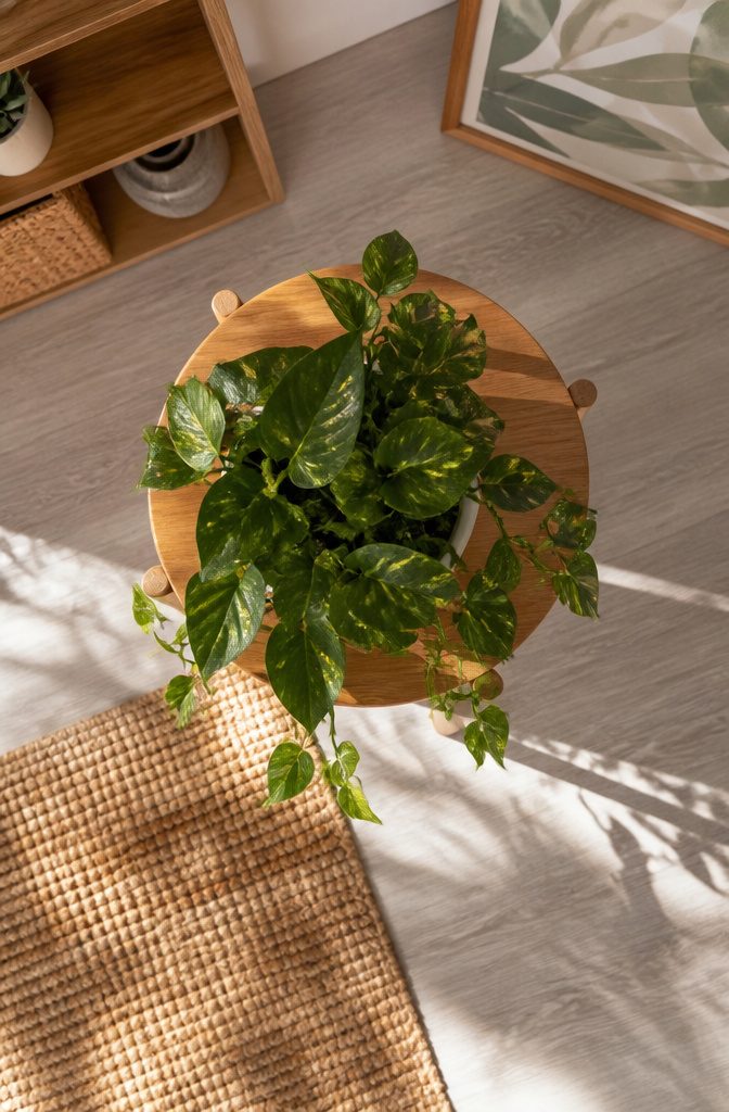 Plant stands with tapered legs and wooden tops.