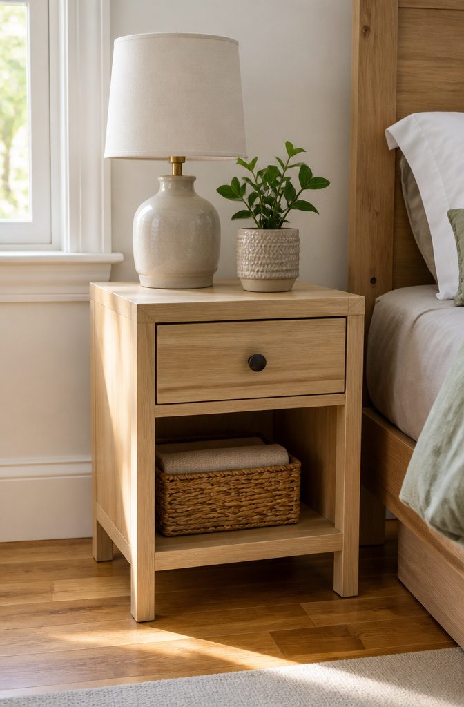 Light-colored poplar wood nightstand with a single drawer.