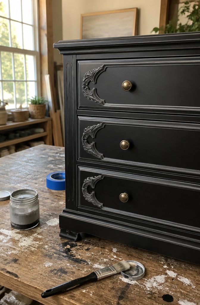 Dresser with carved details painted in contrasting colors.