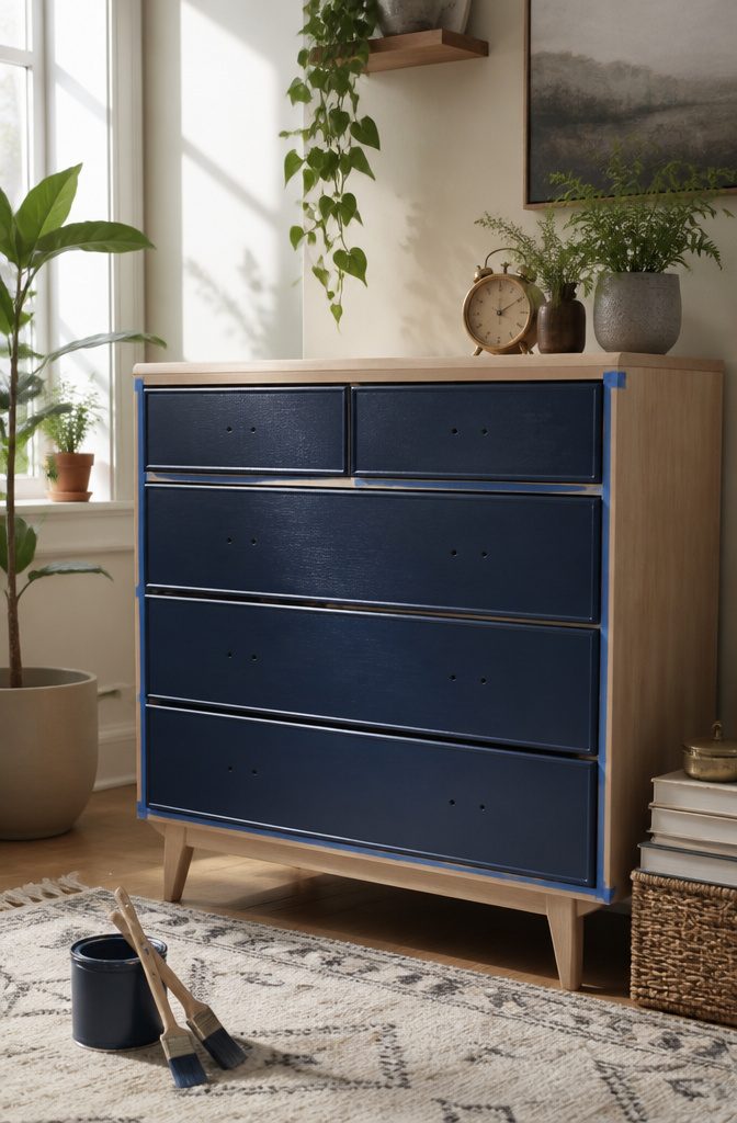 Dresser with navy drawer fronts and light wood frame.