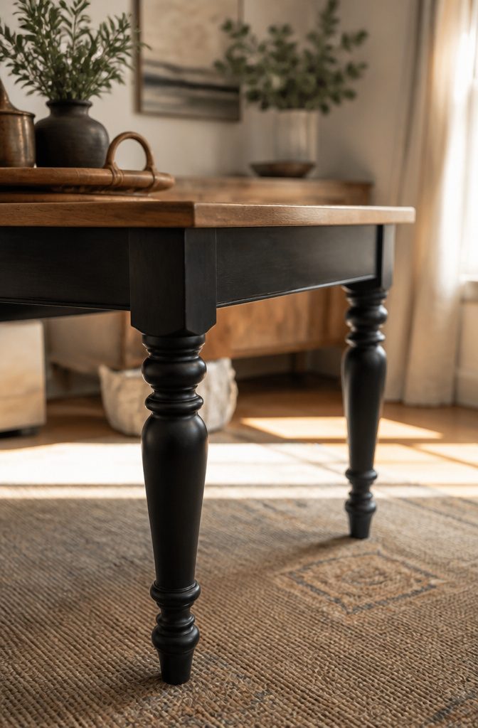 Close-up of a table with black legs and a natural wood top.