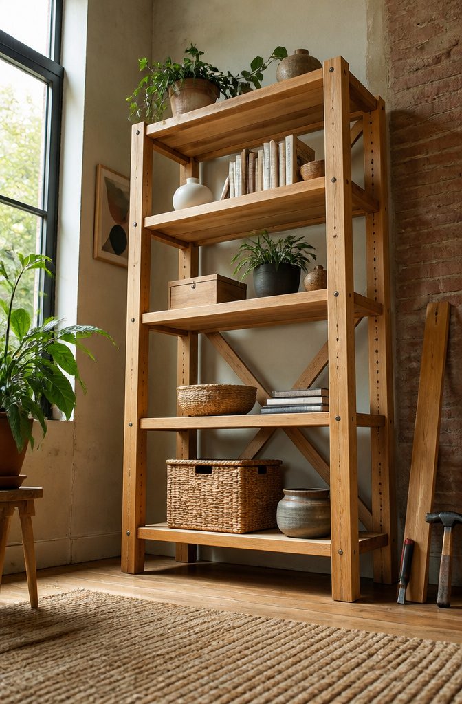 Shelving unit with two side frames and shelves.