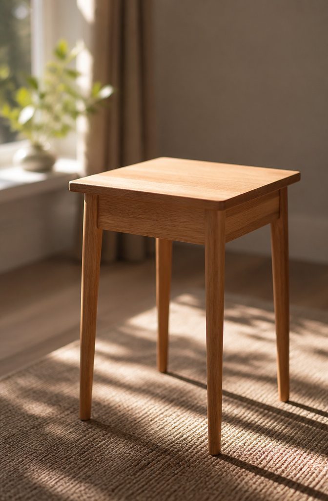 Small side table constructed from wood boards.