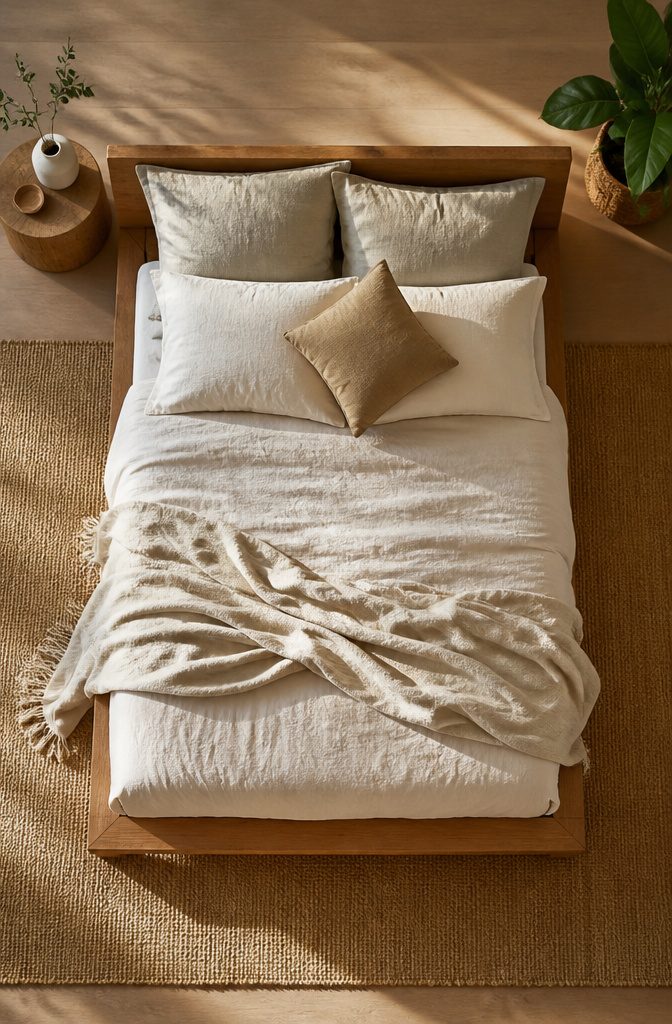 Basic bed frame constructed from three wooden boards.
