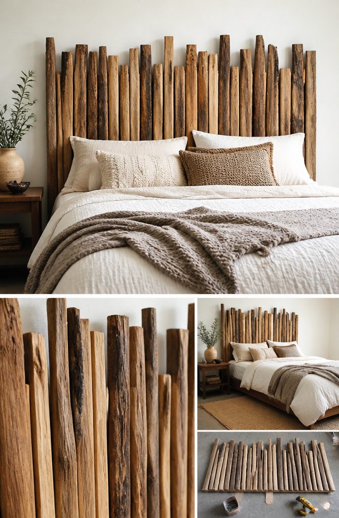 Headboard made from arranged stick wood.