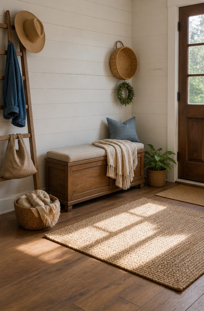 Wooden storage bench with a hinged lid.