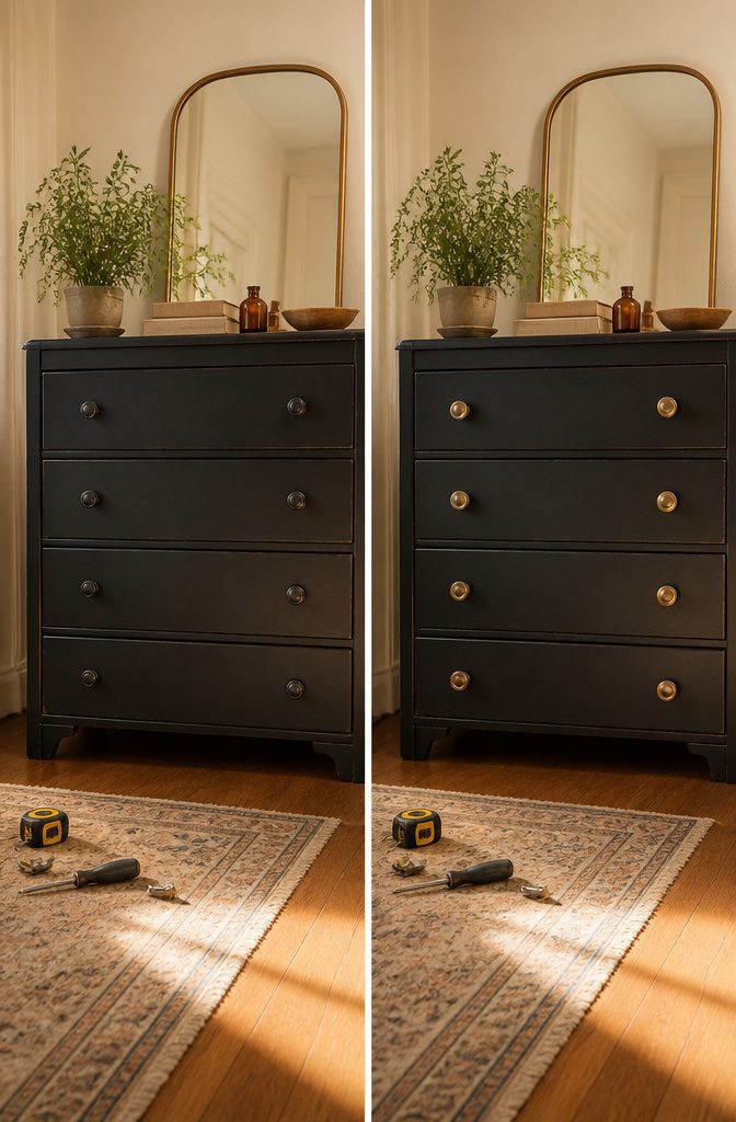 Measuring drawer pull hole spacing for replacement.