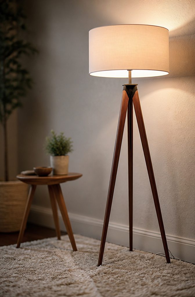 Tripod floor lamp with three wooden legs.