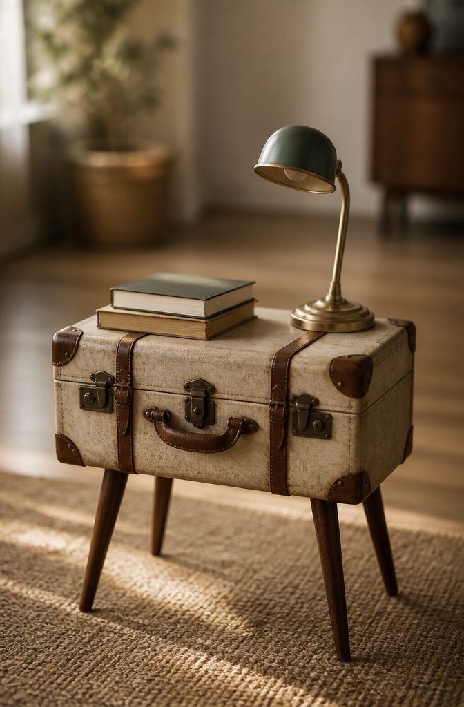 Side table made from a vintage suitcase and legs.