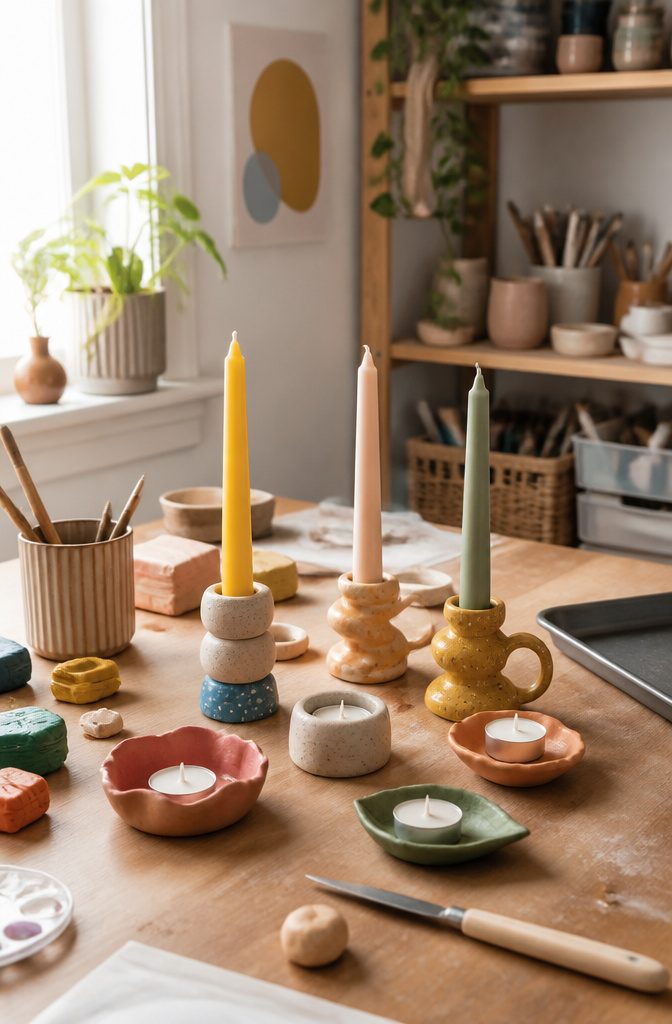 20 Easy DIY Gifts You Can Make for 2026 1 Clay candlestick holders in various shapes with colorful paint.