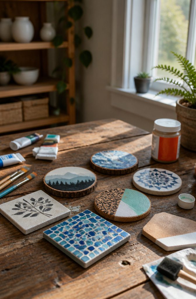 20 Easy DIY Gifts You Can Make for 2026 14 Collection of DIY coasters made from tile, cork, and wood.