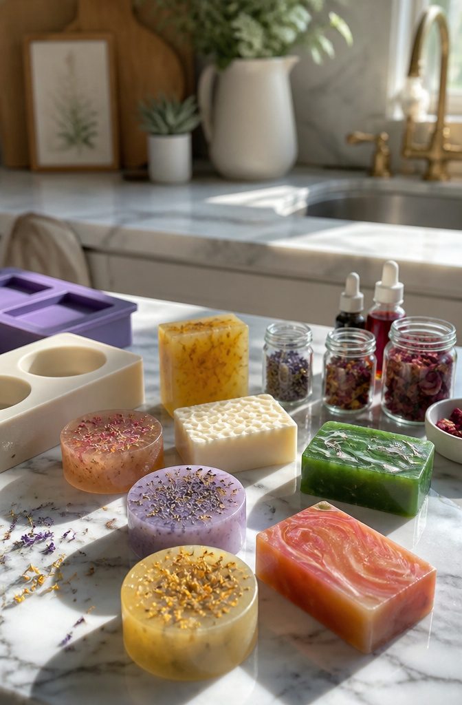 20 Easy DIY Gifts You Can Make for 2026 16 Array of colorful melt-and-pour soap bars on a countertop.