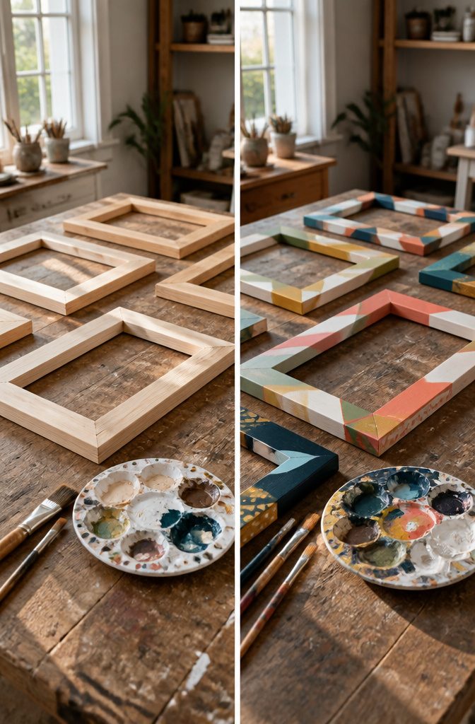 20 Easy DIY Gifts You Can Make for 2026 7 Colorfully painted wooden frames arranged on a workspace.