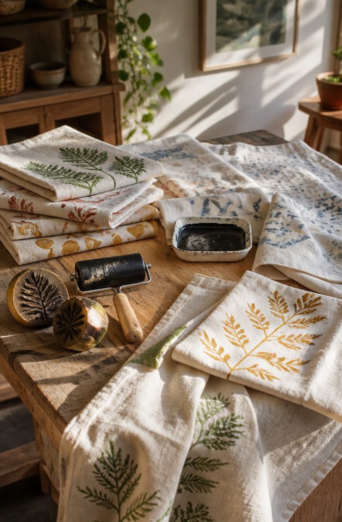 20 Easy DIY Gifts You Can Make for 2026 5 Hand-stamped tea towels featuring botanical patterns on a table.