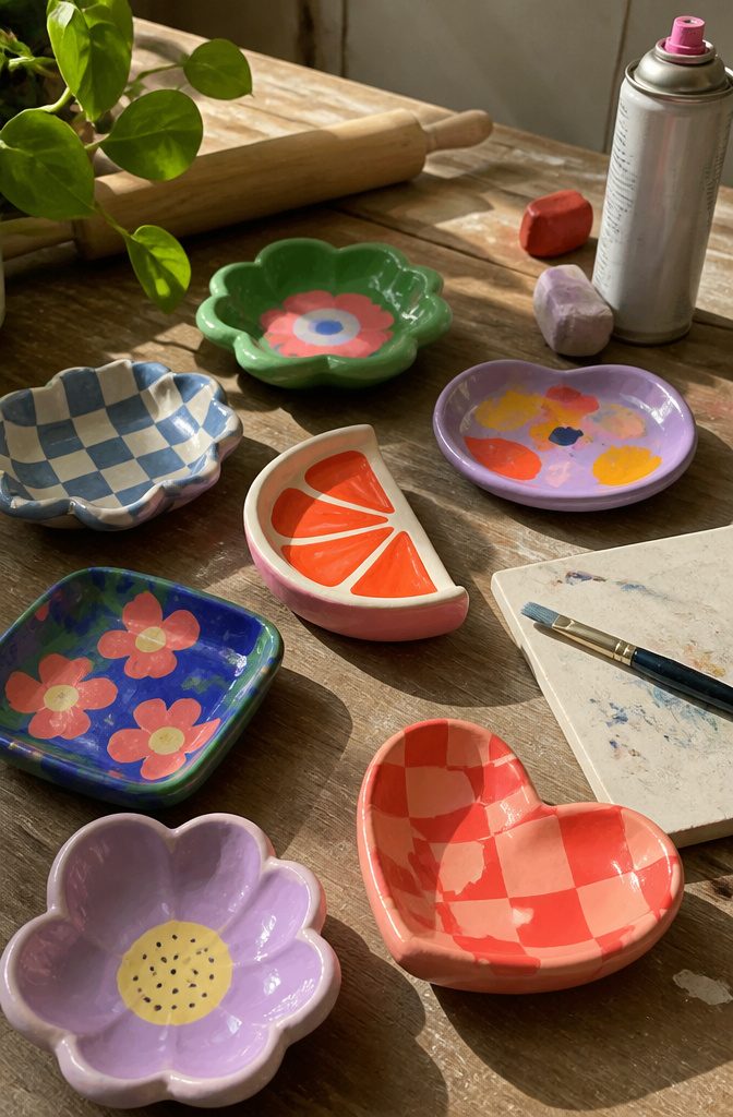 20 Easy DIY Gifts You Can Make for 2026 2 Colorful trinket dishes made from polymer clay on a wooden table.