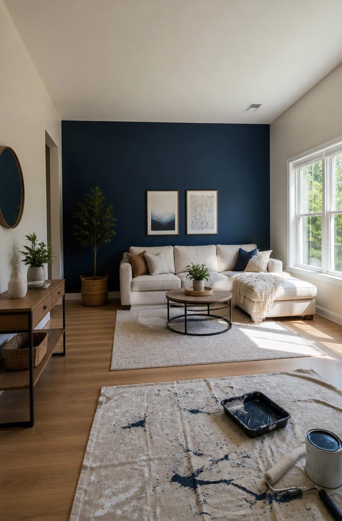 How to Do Easy DIY Home Projects: 23 Ideas for Any Room 15 A can of paint next to a wall prepared for an accent color.