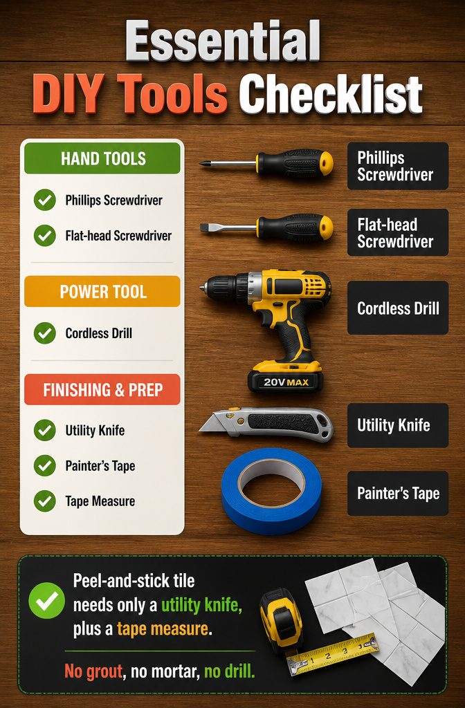 How to Do Easy DIY Home Projects: 23 Ideas for Any Room 24 A collection of essential tools for DIY projects displayed on a surface.