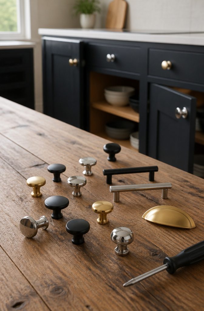 How to Do Easy DIY Home Projects: 23 Ideas for Any Room 13 A variety of cabinet knobs and pulls displayed on a table.