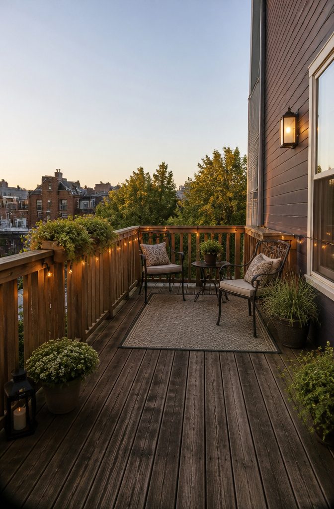 How to Do Easy DIY Home Projects: 23 Ideas for Any Room 23 An outdoor patio setup with cushions, a rug, and hanging lights.