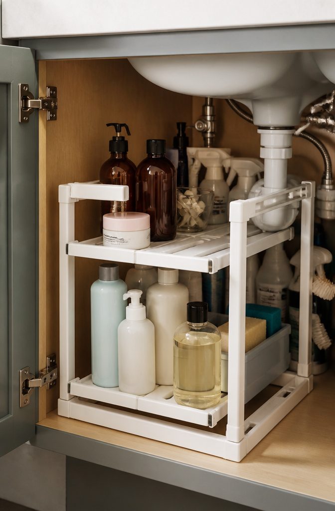 How to Do Easy DIY Home Projects: 23 Ideas for Any Room 4 An expandable organizer placed under a sink, accommodating pipes.