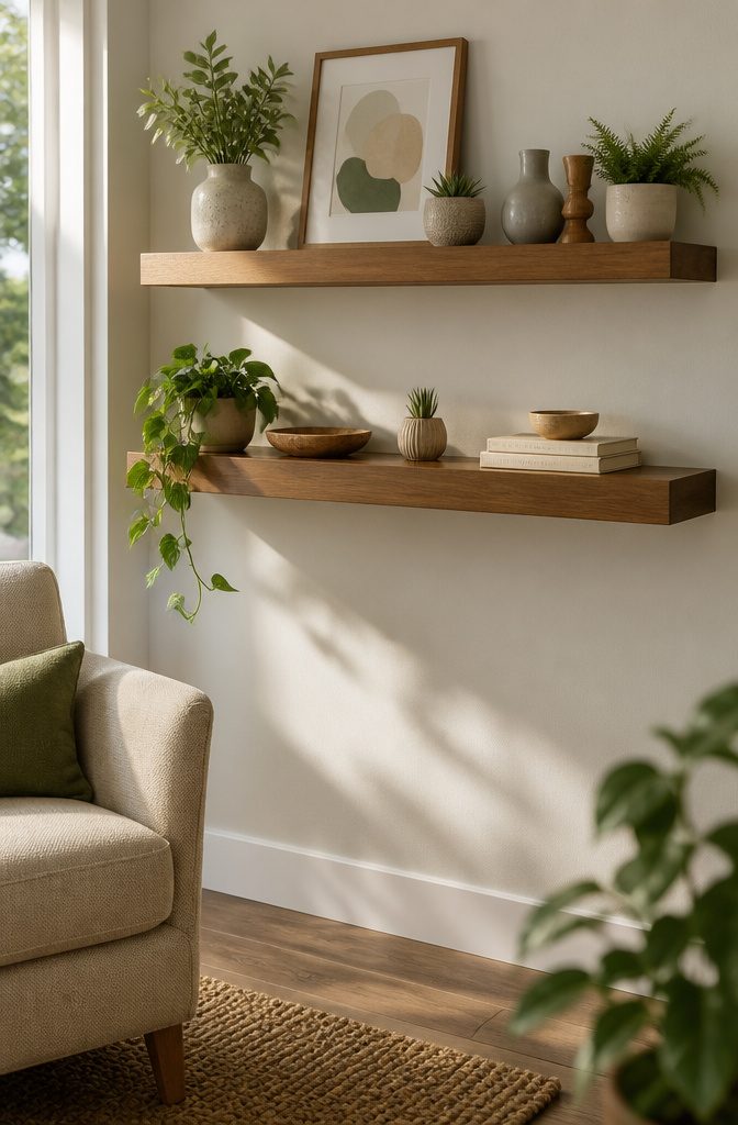 How to Do Easy DIY Home Projects: 23 Ideas for Any Room 17 Floating shelves mounted on a wall displaying various decorative items.