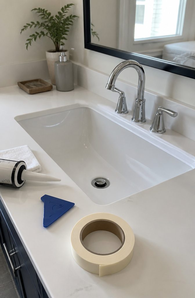 How to Do Easy DIY Home Projects: 23 Ideas for Any Room 18 An open tube of silicone caulk next to a bathroom sink.