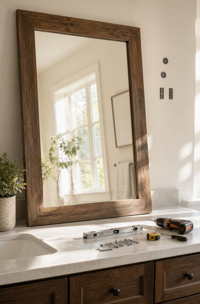 How to Do Easy DIY Home Projects: 23 Ideas for Any Room 19 A standard-sized mirror positioned for hanging above a vanity.