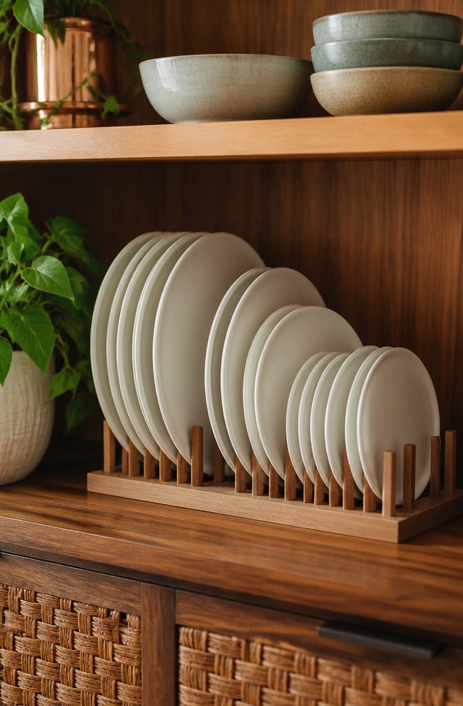 How to Do Easy DIY Home Projects: 23 Ideas for Any Room 11 A plate holder displaying plates in vertical slots on a shelf.