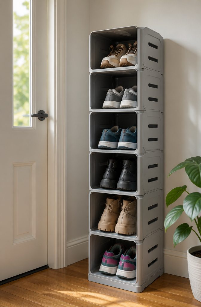 How to Do Easy DIY Home Projects: 23 Ideas for Any Room 2 A stacking shoe organizer holding various shoes in vertical slots.