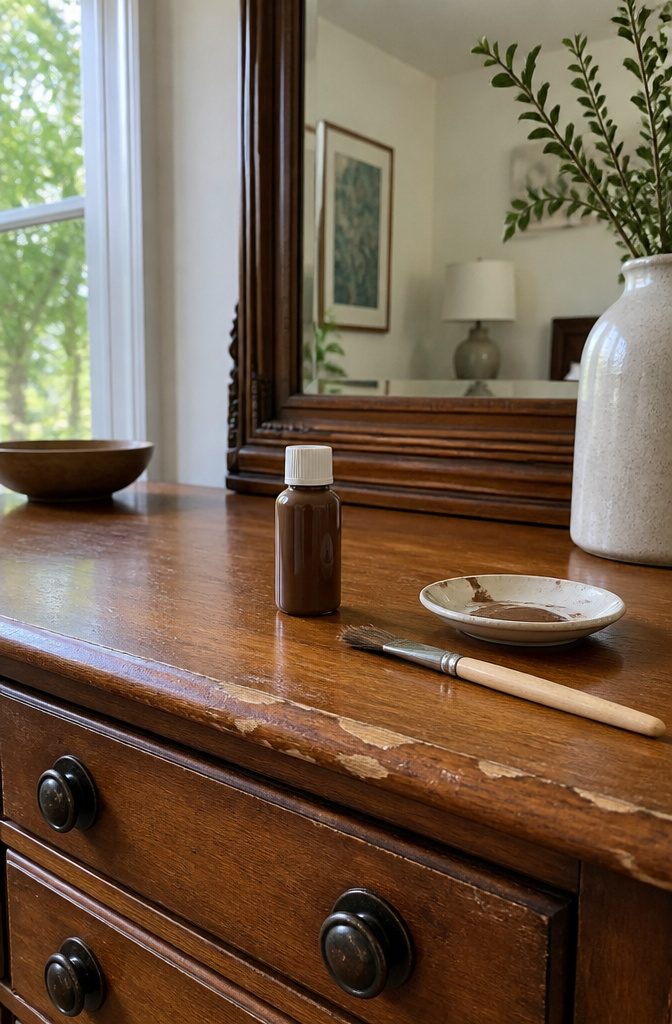 How to Do Easy DIY Home Projects: 23 Ideas for Any Room 10 A small bottle of touch-up paint next to a wooden dresser.