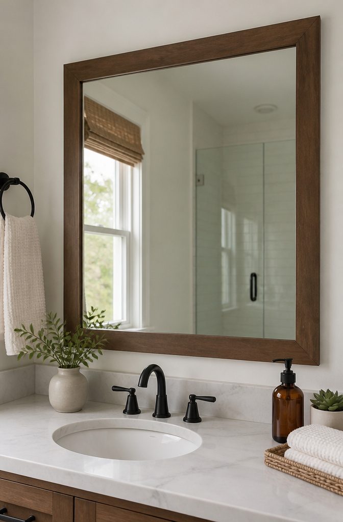 How to Do Easy DIY Home Projects: 23 Ideas for Any Room 3 A bathroom mirror with wood grain tape applied along its edges.