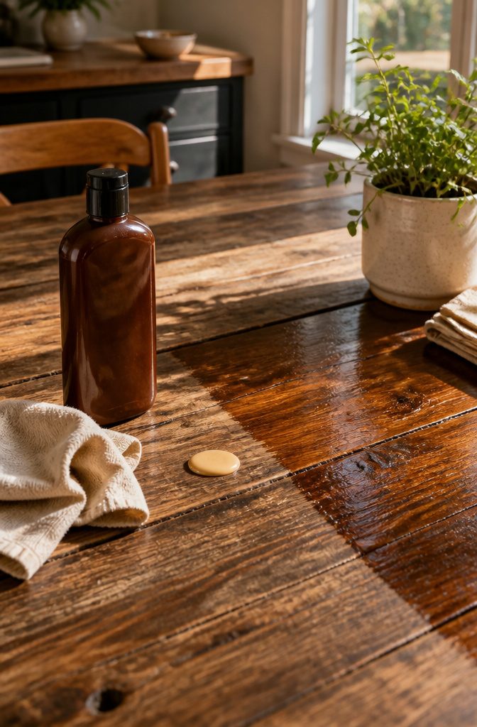 How to Do Easy DIY Home Projects: 23 Ideas for Any Room 8 A bottle of wood polish next to a rustic wooden kitchen table.