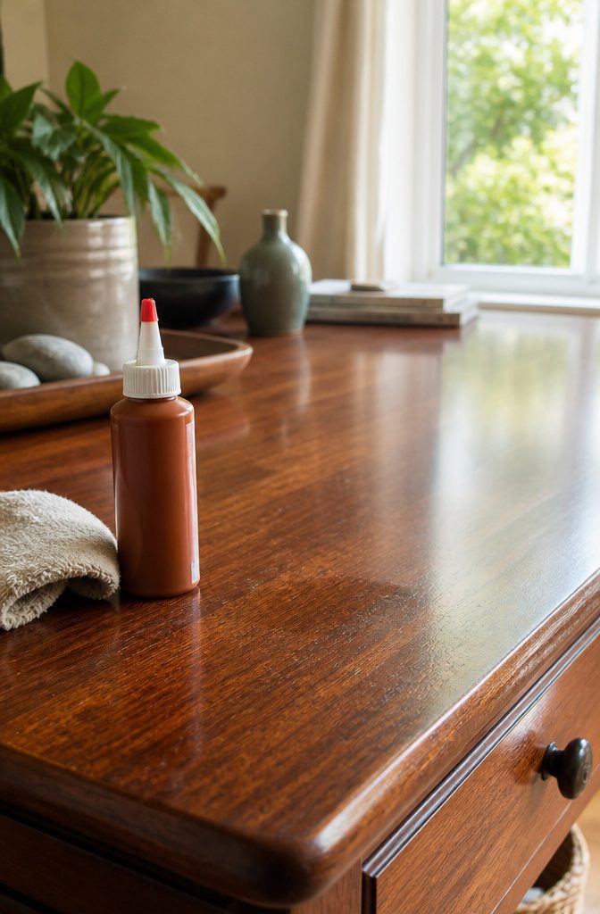How to Do Easy DIY Home Projects: 23 Ideas for Any Room 7 A bottle of wood scratch cover on a wooden table with scratches.