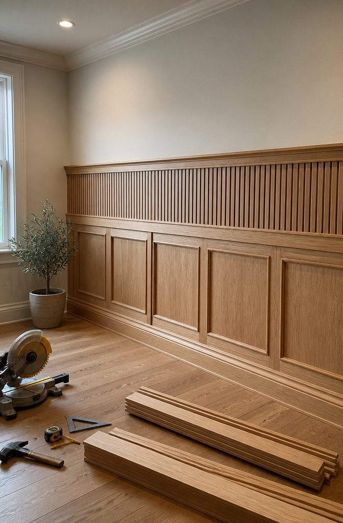 20 Easy DIY Projects for Your Home, Most Under $100 11 Wood panels installed on a wall in a cozy space.