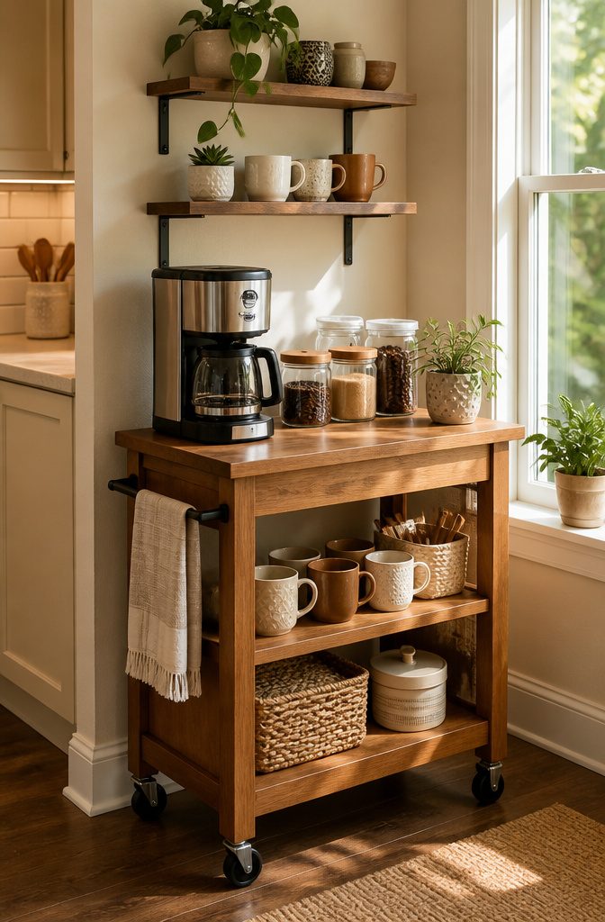 20 Easy DIY Projects for Your Home, Most Under $100 16 A coffee station on a small cart with jars and a coffee maker.
