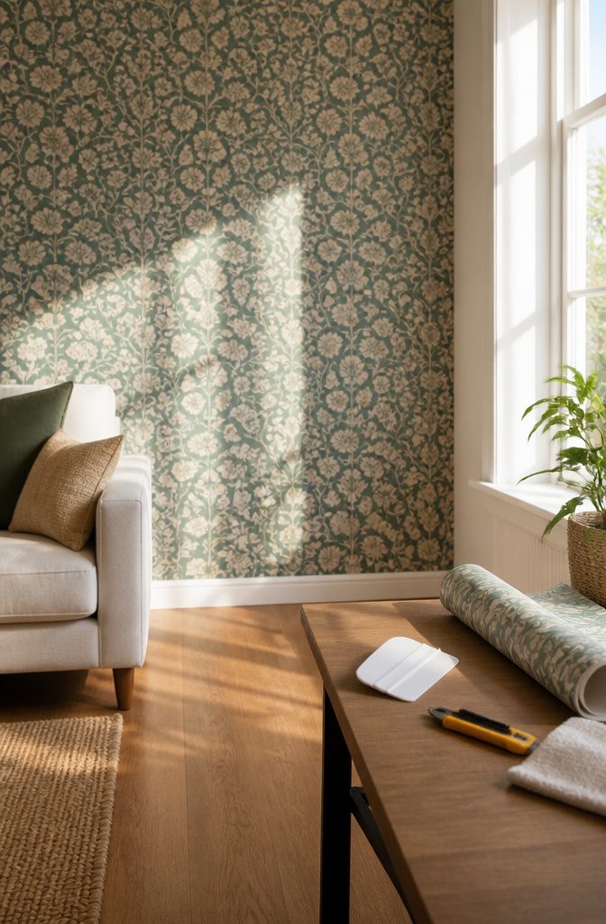 20 Easy DIY Projects for Your Home, Most Under $100 5 A section of wall covered with peel-and-stick wallpaper.