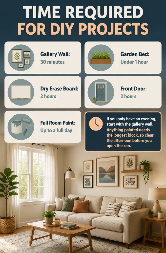 20 Easy DIY Projects for Your Home, Most Under $100 21 A table listing DIY projects and their estimated time.