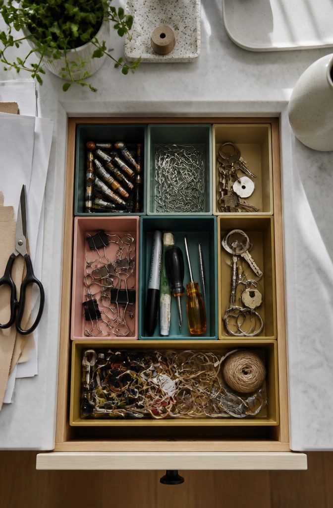 20 Easy DIY Projects for Your Home, Most Under $100 2 An organized junk drawer with various items sorted inside.