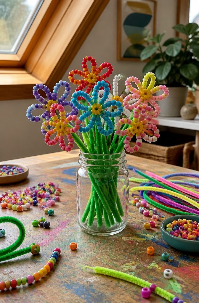 Easy Spring Crafts for Kids and Adults to Make at Home 14 A bouquet of flowers made from pipe cleaners and beads.