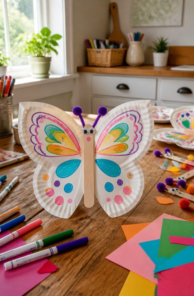 Easy Spring Crafts for Kids and Adults to Make at Home 8 A folded paper plate cut to resemble butterfly wings.