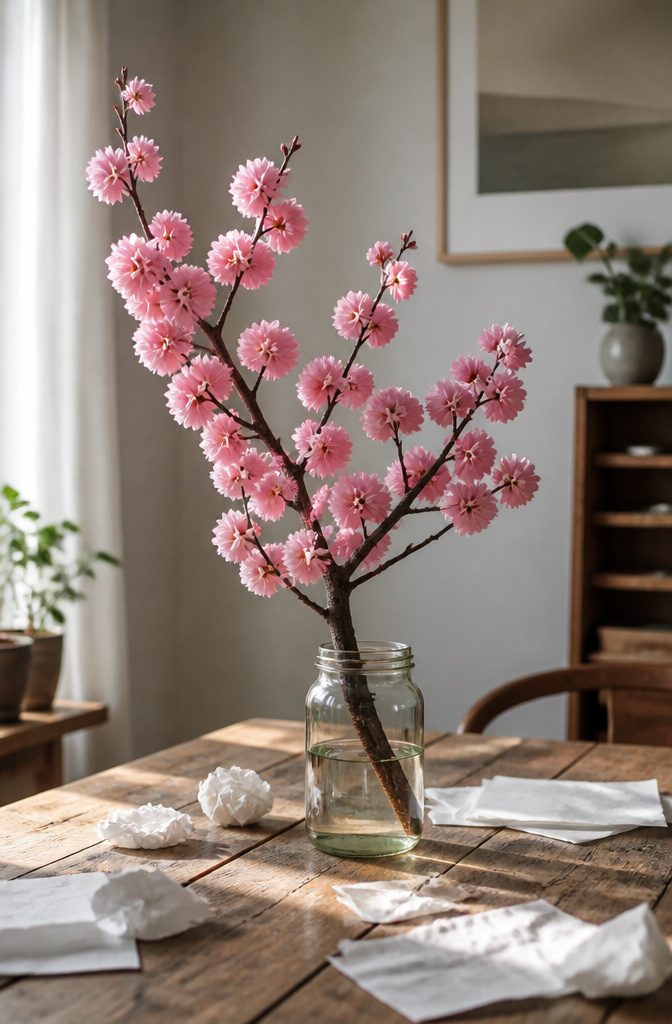 Easy Spring Crafts for Kids and Adults to Make at Home 2 A branch with pink tissue paper balls mimicking cherry blossoms.
