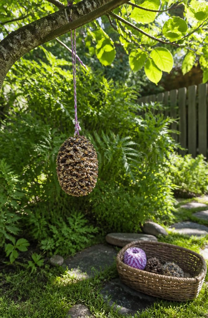 Easy Spring Crafts for Kids and Adults to Make at Home 9 A bird feeder made from a pine cone covered in birdseed.