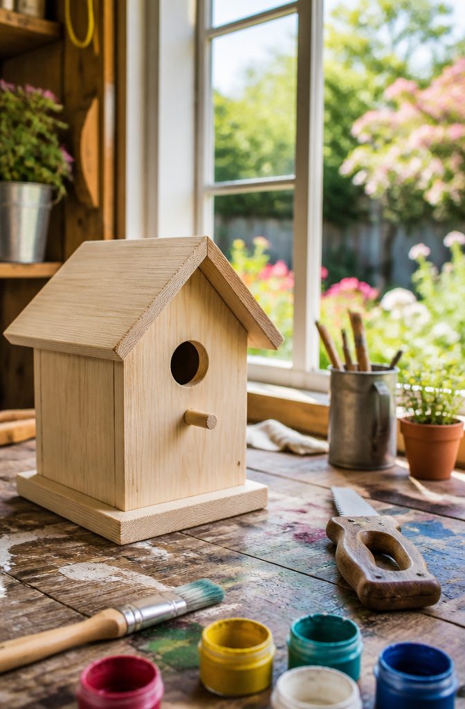 Easy Spring Crafts for Kids and Adults to Make at Home 15 Wood pieces assembled to form a birdhouse.