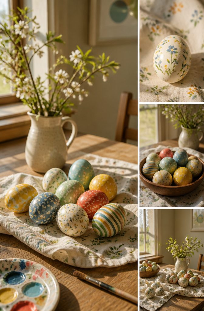 Easy Spring Crafts for Kids and Adults to Make at Home 3 A wooden egg painted with colorful designs on a table.