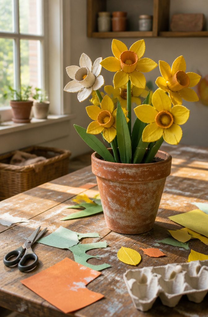Easy Spring Crafts for Kids and Adults to Make at Home 11 Colorful flowers made from egg cartons in a pot.