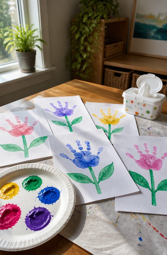 Easy Spring Crafts for Kids and Adults to Make at Home 10 Handprint flowers painted in various colors on paper.
