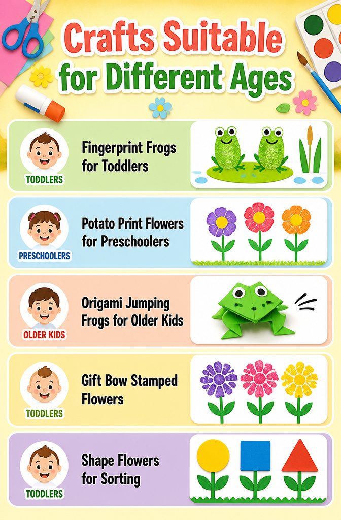 Easy Spring Crafts for Kids and Adults to Make at Home 17 Various crafts arranged by age suitability on a table.