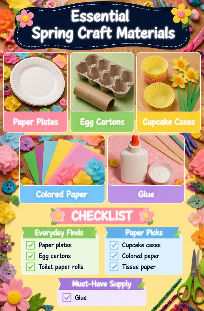 Easy Spring Crafts for Kids and Adults to Make at Home 16 Craft materials like paper plates and egg cartons on a table.
